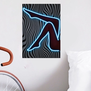 Neon style creative wall sticker featuring artistic female silhouette on zebra pattern