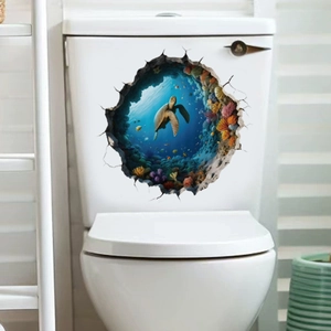 3D ocean sea turtle wall decal with cracked wall effect for bathroom toilet decor