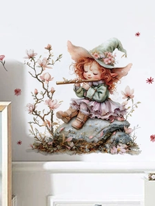 Detail of hand-painted fairy girl playing flute with pink magnolia floral wall stickers