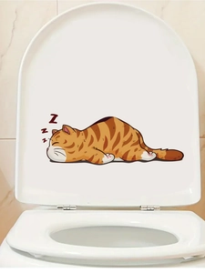 Detail of sleeping cartoon cat decal with Z letters on white PVC bathroom toilet cover