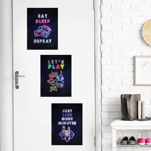 Neon gaming wall decals set with gamer quotes on black self-adhesive PVC for room decor