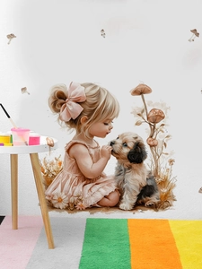 Détail de sticker mural montrant une petite fille avec chiot et champignons décoratifs