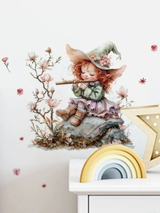 Detailed wall sticker showing a fairy girl playing flute among pink magnolia blossoms