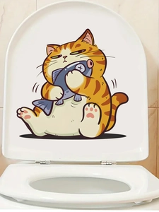 Detail of cute orange cartoon cat holding blue fish waterproof self-adhesive toilet sticker