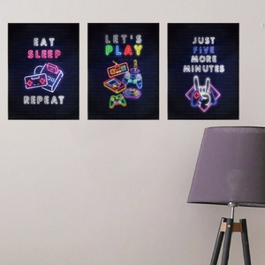 Neon gaming wall decals set including controller and eat sleep repeat text for bedroom decor