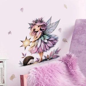 Wandsticker mit Elfenmädchen und Igel für ein traumhaftes lila Kinderzimmer