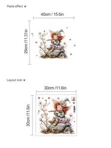 Detailed view of flute-playing girl and pink magnolia flower PVC wall decal layout