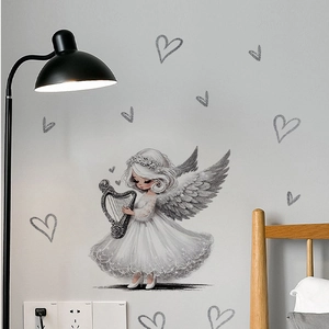 Adesivo murale angelo bianco con arpa e cuori per decorazione di soggiorno e camera