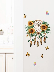 Detail of sunflower dreamcatcher wall sticker with vivid watercolor feathers and butterflies