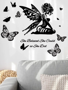 Detail of fairy silhouette wall sticker with motivational English quote and butterflies