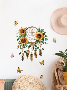 Watercolour sunflower dreamcatcher wall sticker with colorful butterflies in a cozy room