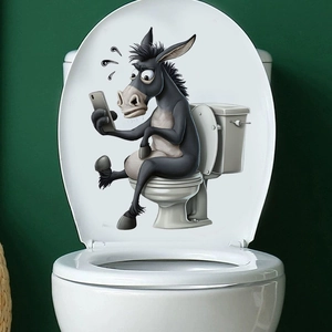 Funny cartoon donkey using phone on toilet PVC waterproof self-adhesive bathroom sticker