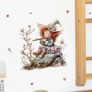 Fairy Girl Playing Flute Wall Sticker Watercolor Illustration Magnolia Flowers Removable PVC Self Adhesive Home Decor Mural