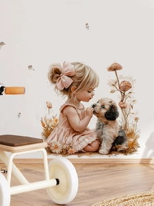 Détail d'un sticker mural aquarelle montrant une fille avec chien pour chambre d'enfant