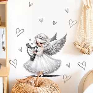 Adesivo murale angelo bianco con ali d'argento e arpa per decorazione soggiorno