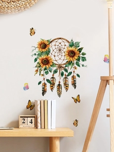 Detail of sunflower dreamcatcher wall decal with colorful butterflies on a white background