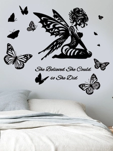 Detail of fairy and butterfly wall stickers with She Believed She Could motivational quote