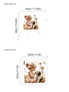 Détails des dimensions du sticker mural fille et chien pour décoration intérieure