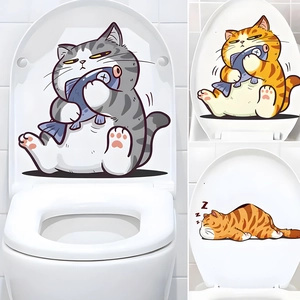 Waterproof PVC toilet lid stickers featuring cute cartoon cat and fish patterns