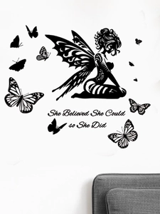 Detail of black PVC wall decal with butterfly fairy silhouette and motivational quote
