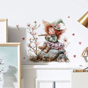 Watercolor fairy girl with flute and magnolia flowers wall stickers for bedroom decor