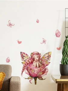 Detailed wall decal of a pink flower fairy resting on roses with butterflies on white wall