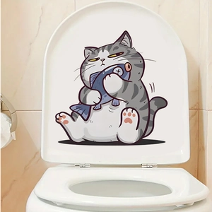Cute cartoon gray tabby cat with fish self-adhesive PVC toilet seat sticker decal