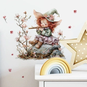 Girl playing flute with flowers wall sticker for living room bedroom decor