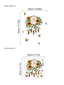 Detail showing sunflower dreamcatcher wall sticker layout and paste effect dimensions