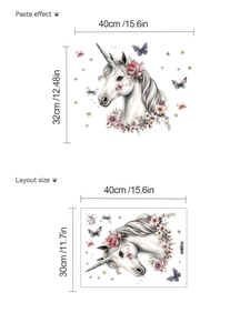 Detail showing layout and paste size of unicorn wall sticker with flowers and stars