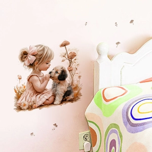 Sticker Mural Aquarelle Petite Fille Et Chiot Décalcomanie en PVC Amovible Avec Motifs de Champignons pour Chambre d'Enfant