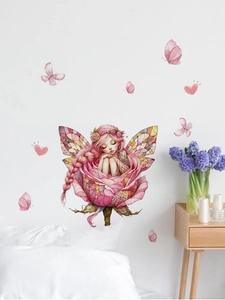 Detailed wall sticker featuring a pink flower fairy and butterflies in a bedroom setting