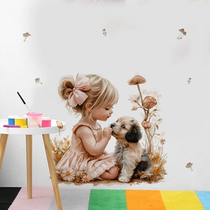 Stickers muraux aquarelle petite fille et chiot avec fleurs pour décor
