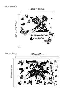 Detail showing fairy butterfly wall decal layout size 90x40cm and 74x63cm paste effect
