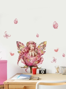 Detailed wall sticker view of a flower fairy in pink roses with butterfly accents