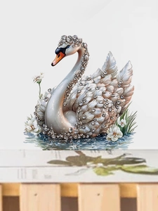 Detail showing elegant PVC swan wall sticker with sparkling rhinestones and floral accents