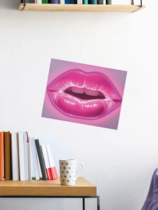 Detail view of pink neon lip wall sticker on a minimalist white living room wall decor