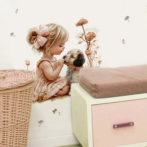 Stickers muraux aquarelle avec fille, chien et champignons pour chambre d'enfant