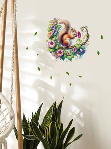 Detailed watercolor squirrel wall sticker with petunias and green leaves in a cozy room
