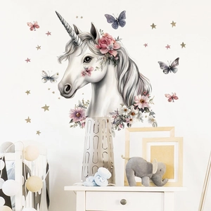 Cartoon Unicorn Wall Sticker Floral Crown Butterfly Star Removable PVC Decal For Kids Nursery Bedroom Home Wall Art Decor