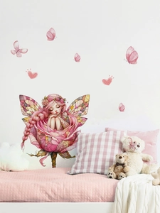 Bedroom wall decal showing a sleeping fairy inside a pink rose with butterflies
