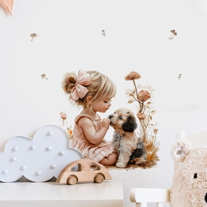 Sticker mural enfant fille et chiot avec champignons de forêt pour décor de chambre