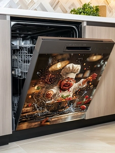 Nahaufnahme einer Spülmaschinentür mit Chef-Illustration auf magnetischem Dekor-Aufkleber