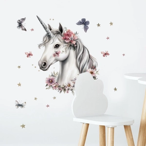 Cartoon unicorn wall decal set with watercolor butterflies and stars for nursery decor