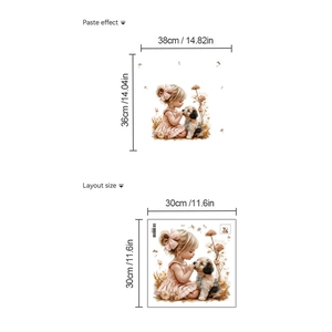 Sticker mural fille et chiot avec fleurs, autocollant mural décoratif en PVC