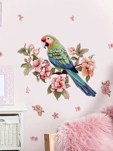 Detail of vibrant green parrot on pink flower branch wall sticker for home wall decor
