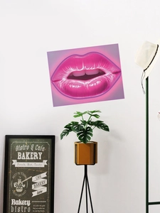 Detail of pink neon lips wall sticker showing realistic glow effect on a white bedroom wall