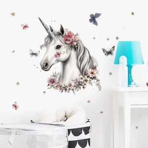 Cartoon unicorn wall stickers with pink floral and golden stars for kids bedroom decor