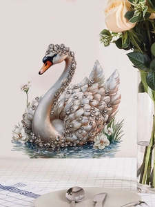 Close-up of elegant swan wall sticker with sparkling diamond accents and floral details