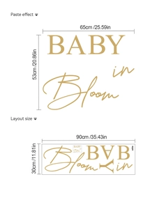 Adesivo murale dorato BABY in Bloom con dimensioni per cameretta o fondale per feste
